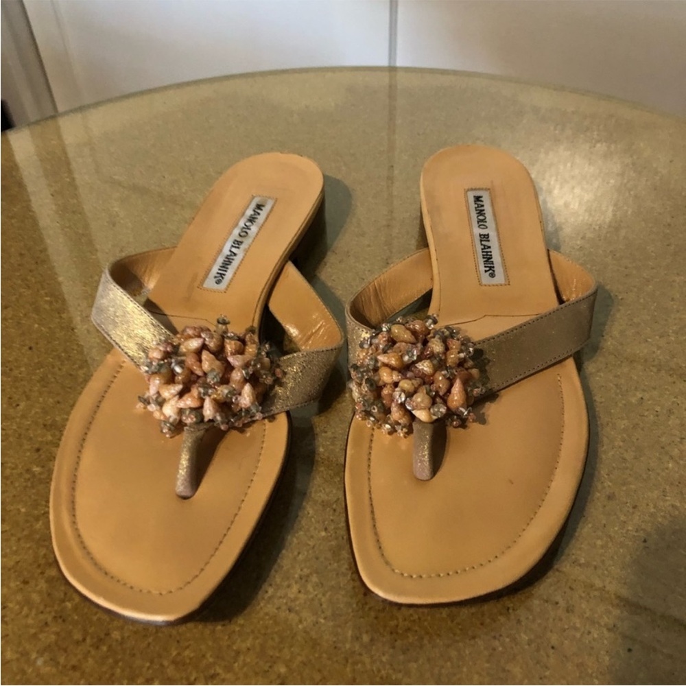 Manolo Blahnik Pink and Gold Embellished Sandals